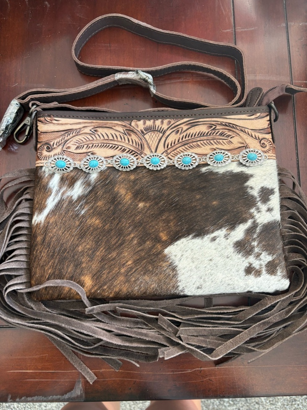 Fringe Leather Crossbody Bag with Turquoise Conchos